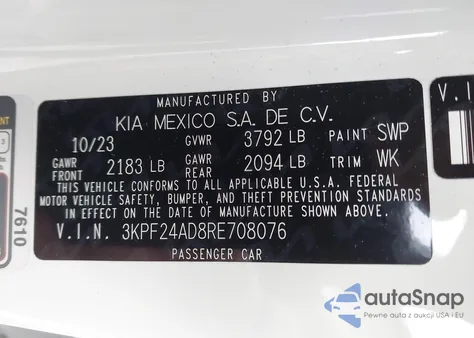 2024 Kia Forte Lxs from USA, damaged, VIN 3KPF24AD8RE708076